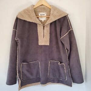 DYLAN S Gray Quarter Zip Pullover Top Cream Faux Sherpa Patch Pockets Boho Ranch
